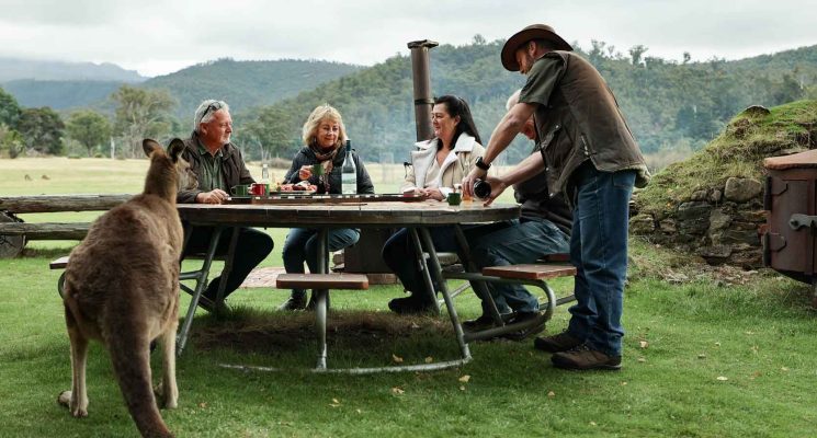 four people having dinner with kangaroos