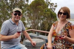 Casey and Andy tasting wine at Tamar Ridge Cellar Door