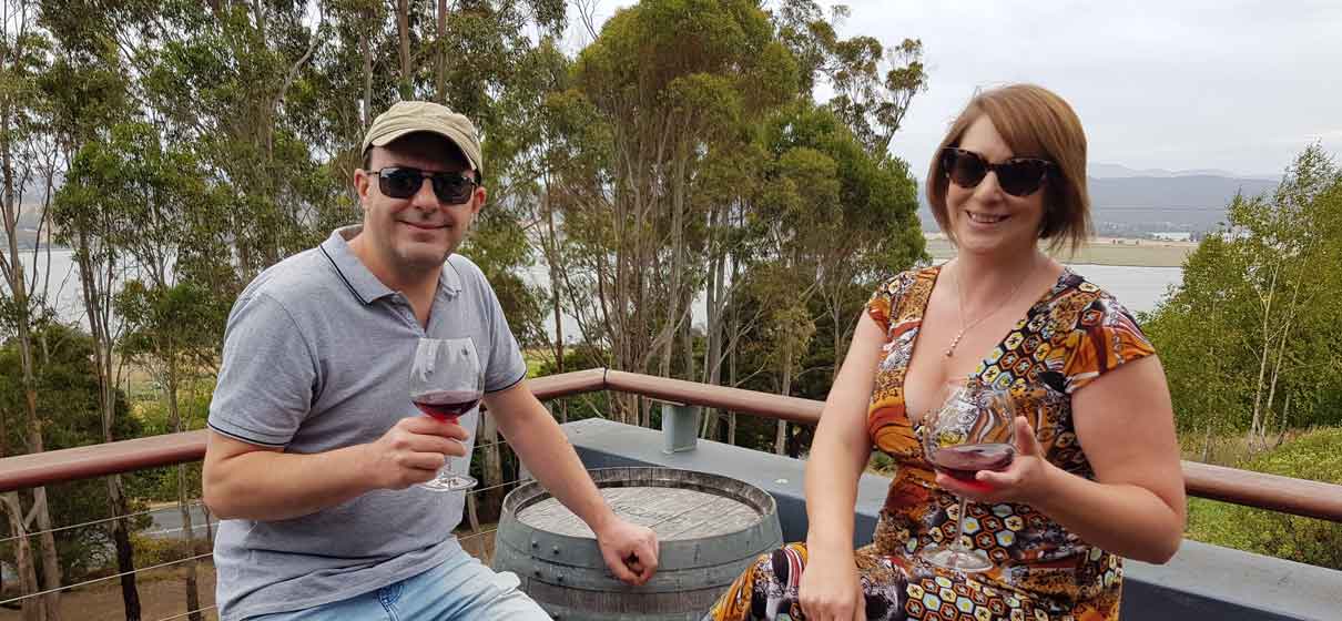 Casey and Andy tasting wine at Tamar Ridge Cellar Door